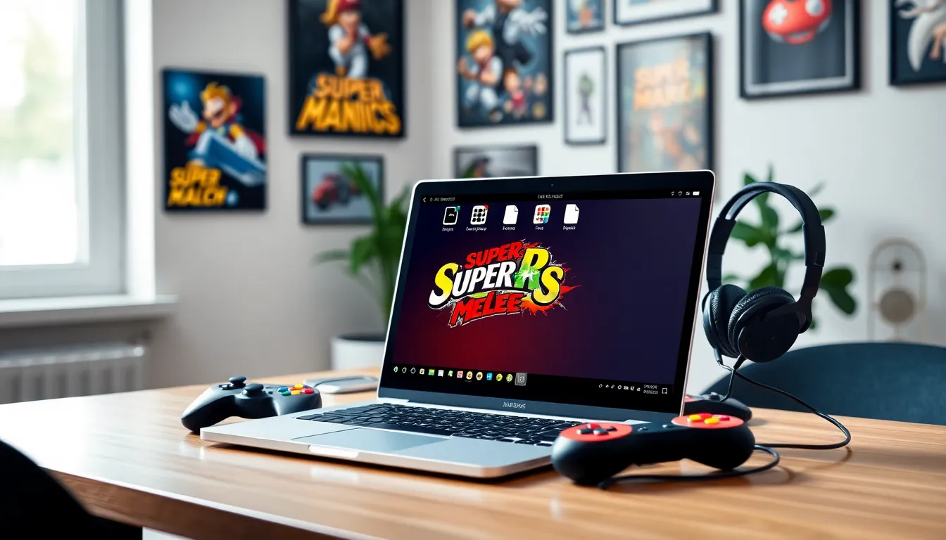 workspace with laptop showing Super Smash Bros Melee ISO files.