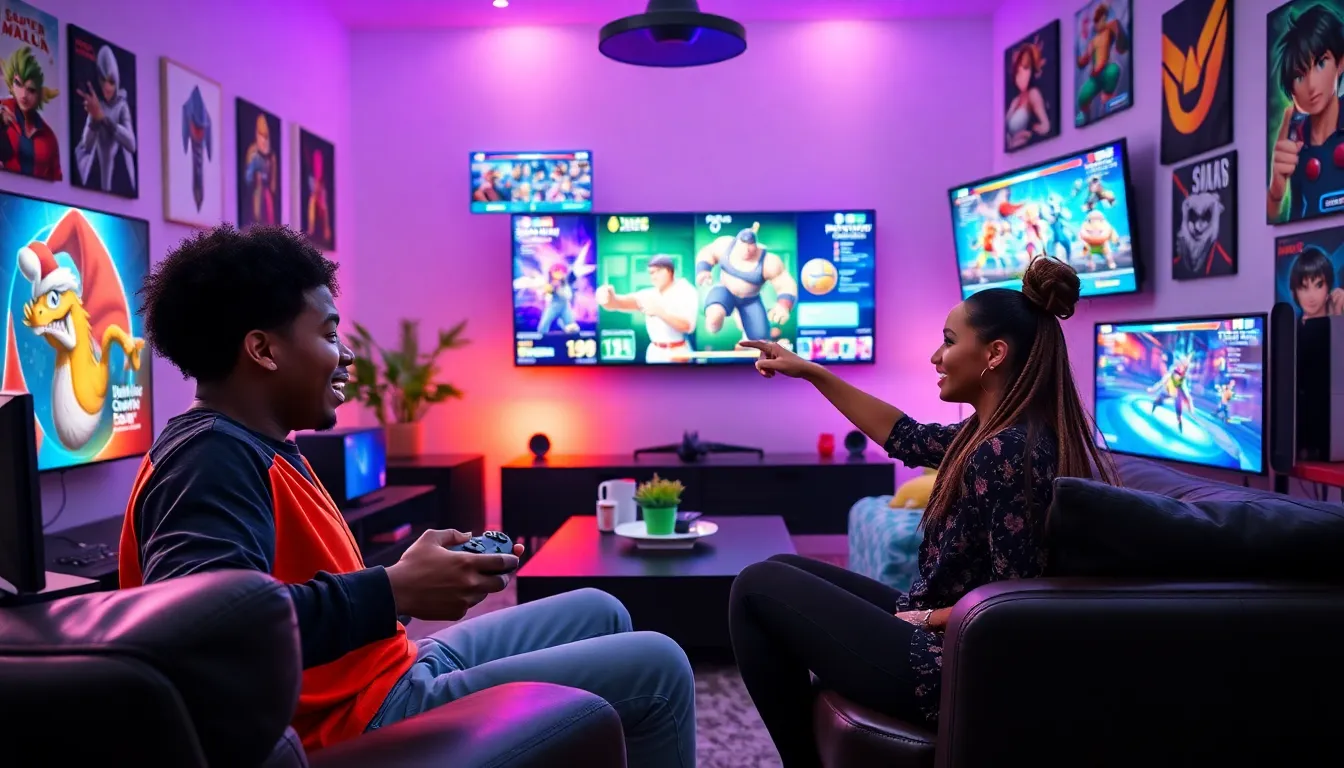 diverse gamers discussing Super Smash Bros mods in a modern living room.