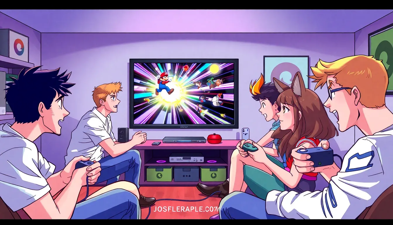 group of friends playing Super Smash Bros in a modern gaming room.