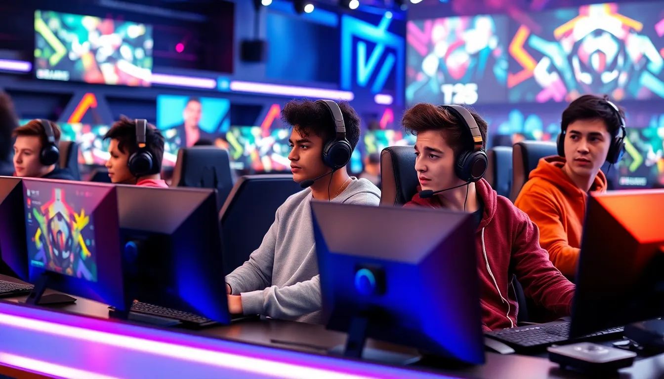 diverse Gen Z gamers competing in an esports tournament.