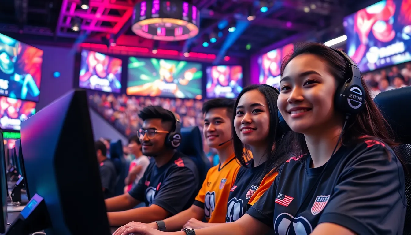 diverse gamers competing in a lively esports arena.