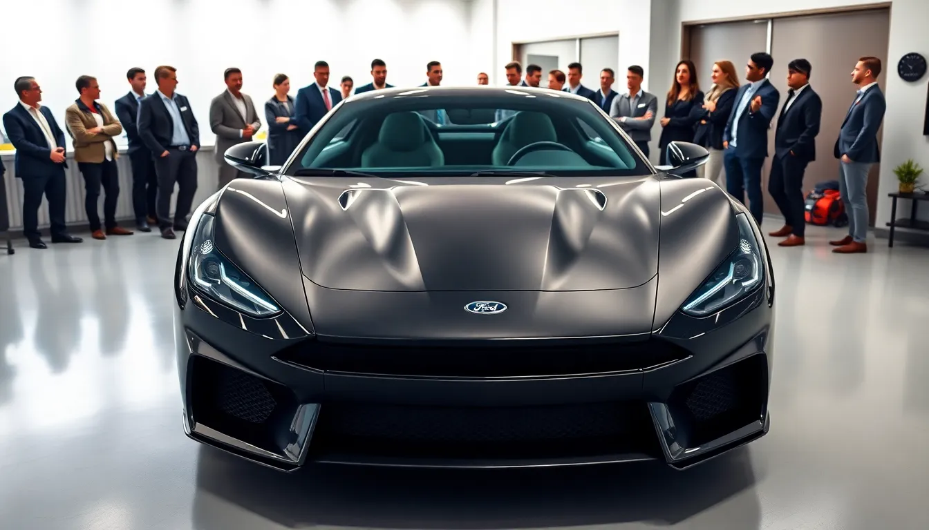 Ford Diablo car in a modern garage with professionals admiring it.