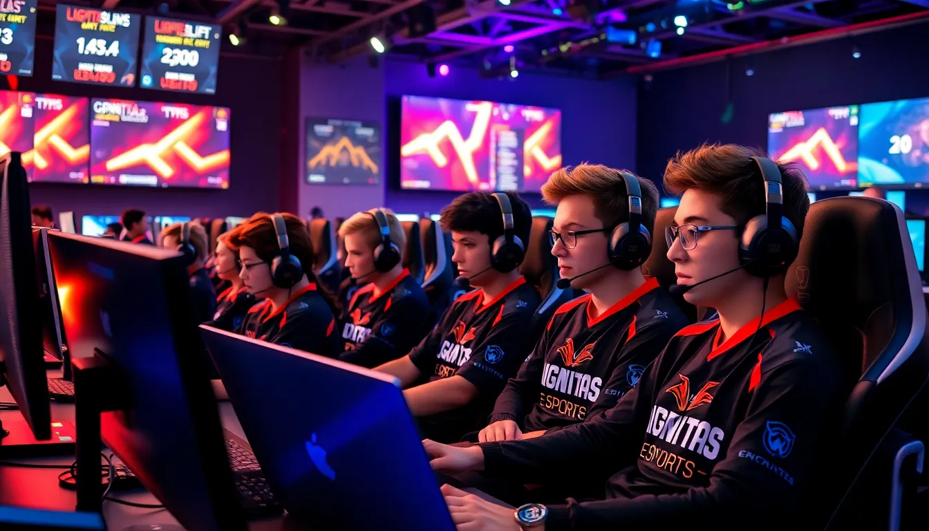 diverse esports team competing in a modern gaming arena.