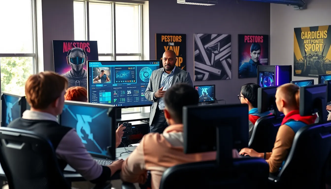 diverse esports team training with a coach in a high-tech facility.