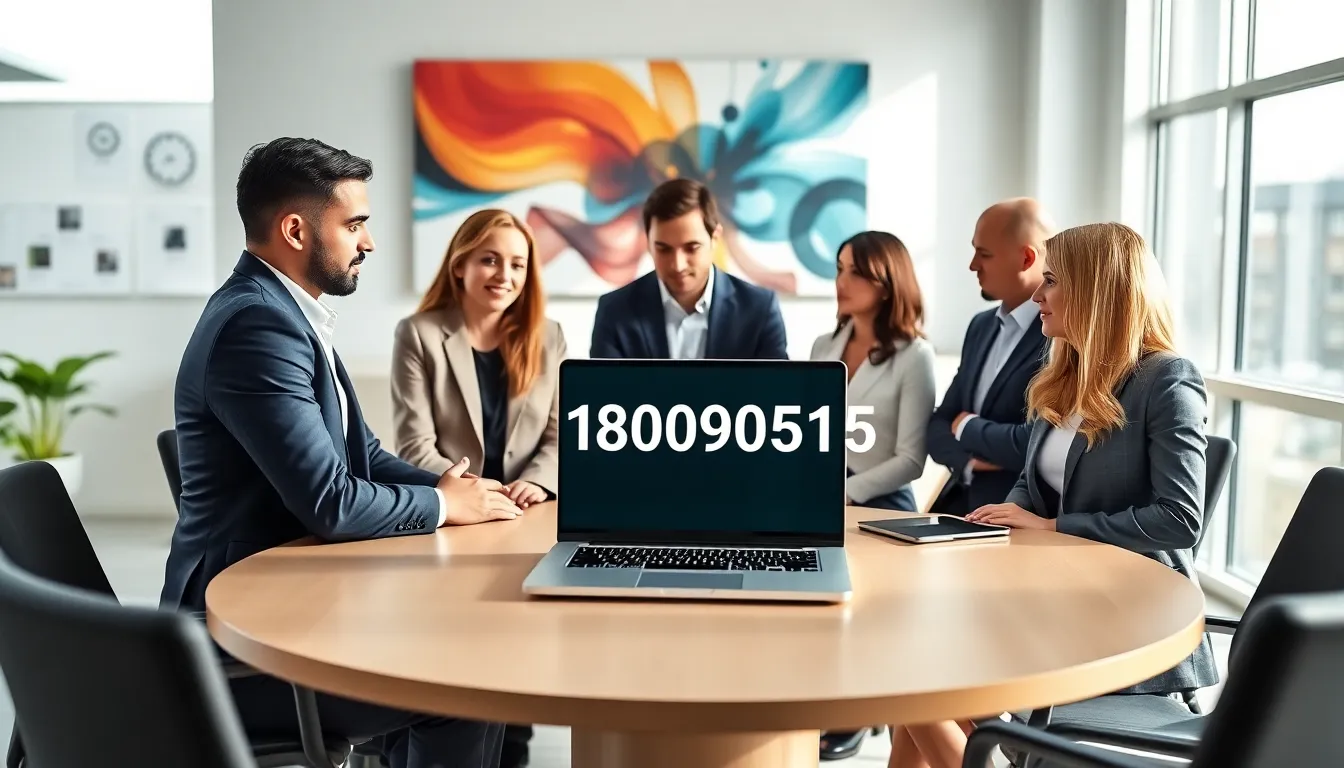 diverse team discussing a toll-free service line in a modern office.